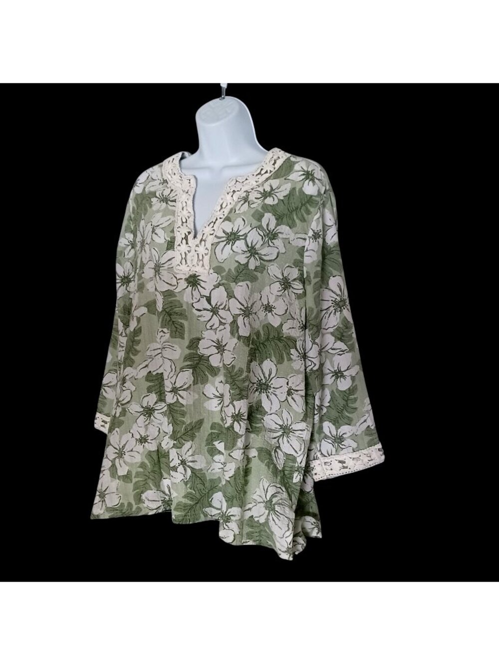Cathy Daniels Green/White Floral Venise Lace Tunic Top V Neck 3/4 Sleeve WMs XL